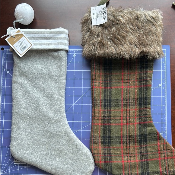 Other - Gray white striped jersey and Plaid Christmas Stockings with faux fur trim NWT
